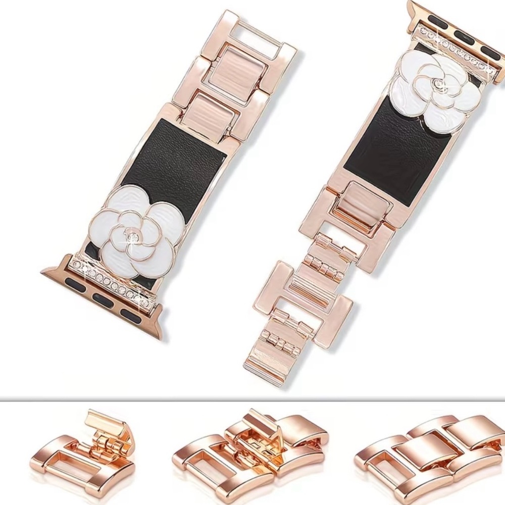 Rose Gold and Black Watch Band with Floral Accent for Apple Watch (42/44/45mm)